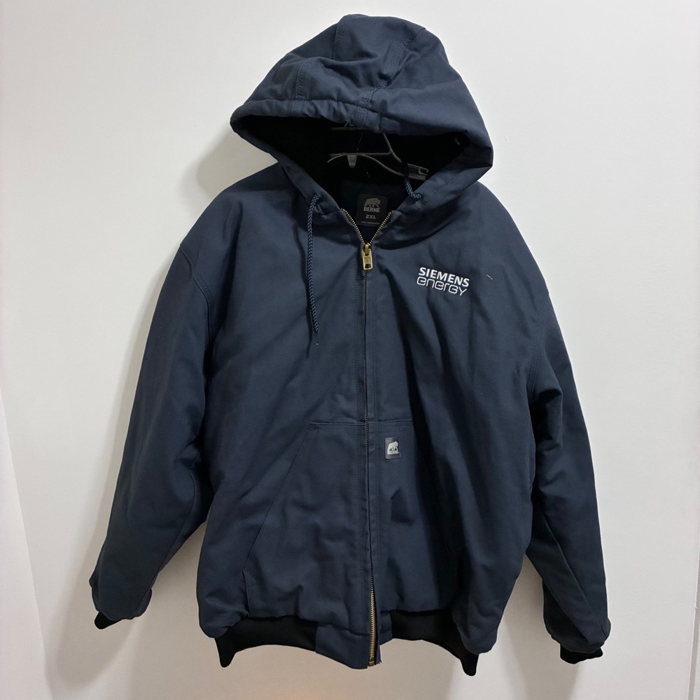 Berne Mens 2XL Navy Blue Hooded Work Jacket Siemens Energy Canvas Quilted Lining